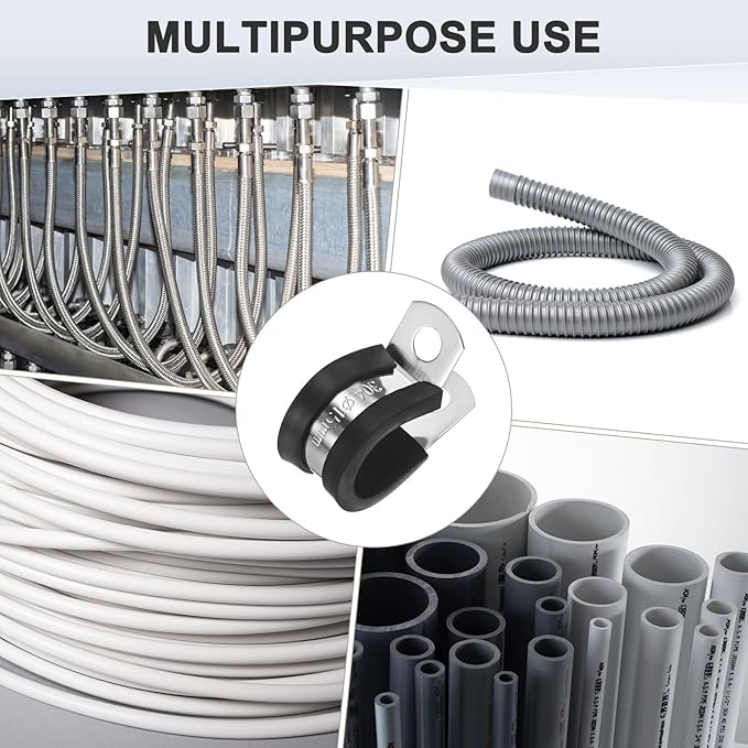 6-Pack Cable Clamps, 19/32 Inch/ 15 mm 304 Stainless Steel Rubber Cushioned Insulated Cable Clamp R Shape Metal Holder for Tube/Wire/Pipe/Loop Installation