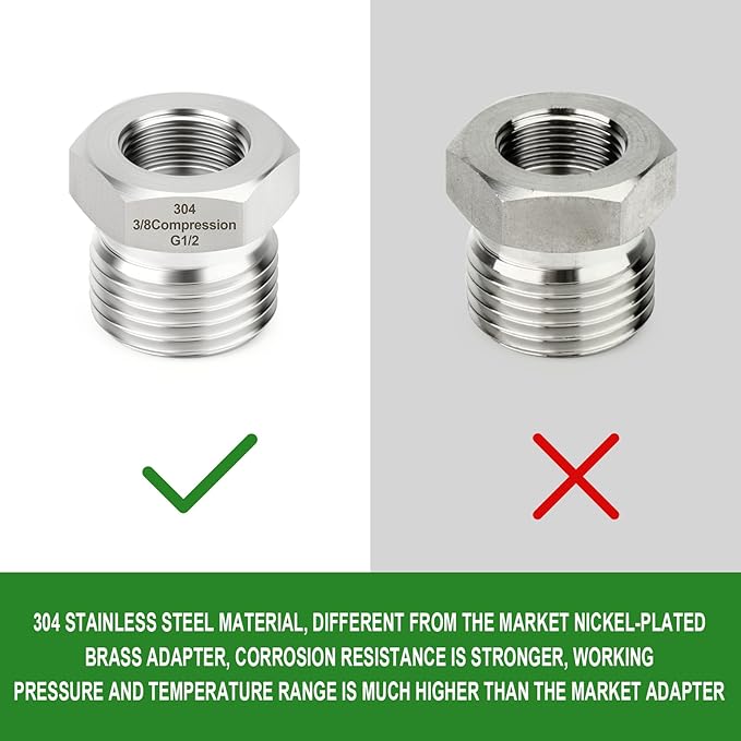 TAISHER 5PCS 304 Stainless Steel Reducer Water Hose Adapter 1/2" G Thread (BSP) × 3/8" Compression Pipe Fitting for kitchen bathroom faucet supply line adapter with rubber gasket