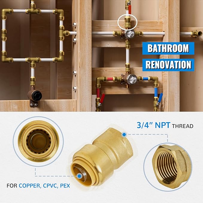 SUNGATOR 3/4 Inch Female Adapter, 3/4 Inch FNPT, No Lead Brass Push-to-Connect Plumbing Fitting for PEX Pipe, Copper, CPVC, With 1 Disconnect Clip, Pack of 3