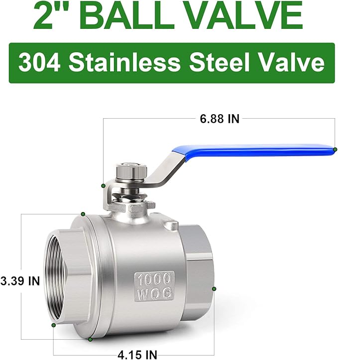 TAISHER 1 PCS 2 Inch FNPT Heavy Duty Full Porat Ball Valve 304 Stainless Steel with Blue Handles
