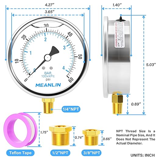 MEANLIN MEASURE 0~60Psi Stainless Steel 1/4" NPT 4" FACE DIAL Liquid Filled Pressure Gauge, Pool Sand Filter Water Pump Pressure Test Lower Mount, with 1/2" NPT and 3/8" NPT Hex Bushing