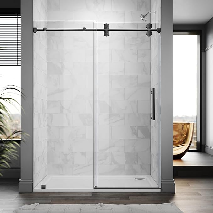 56-60 Inch x 84 Inch Sliding Frameless Shower Door, 3/8" Tempered Glass with Easy-Cleaning Coating, Stainless Steel Rollers & SGCC-Certified Stability, Matte Black
