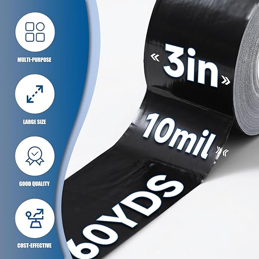 Heavy Duty Black Duct Tape, 10 Mil Extra Thick, 3 in x 60 Yds (180 ft), Waterproof, Strong Adhesive, No Residue, Multi-Purpose Home Repairs, Tearable for Indoor and Outdoor Use