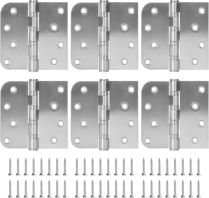 6 Pack Ball Bearing Door Hinges, 4 Inch x 4 Inch Heavy Duty Stainless Steel Door Hinges with Square & 5/8'' Round Radius Corner for Exterior & Interior Doors, Silver