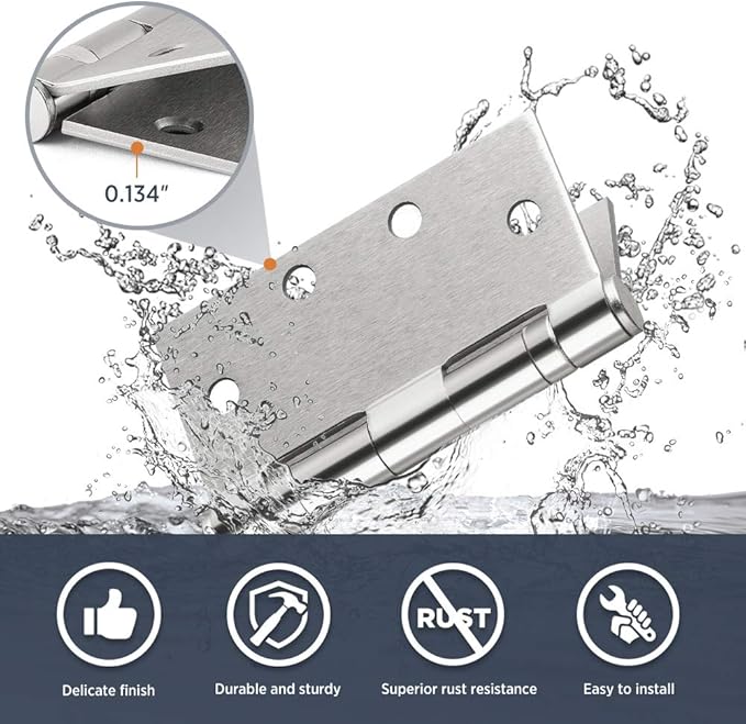 Satin Chrome 4.5 Inch Commercial Hinges Square Radius Corners Brushed Silver Door Hinges 4 ½"x 4 ½" Ball Bearing Door Hinges for Interior Exterior Door - 3 Pack