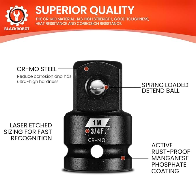 BLACKROBOT 2 Pieces 3/4” F To 1” M Impact Socket Adapter Set, SAE Drive Cr-Mo Steel Exceeds ANSI Standards, Square Drive Socket Reducer for Impact Driver Wrench