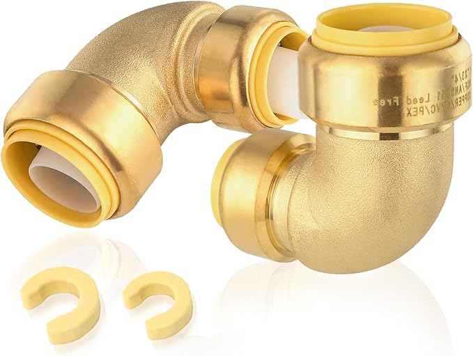 2-Pack HeSun Pushfit 90 Degree Elbow, 1"x3/4" Push to Connect Plumbing Fittings with Disconnect Clips, Brass Push-fit Fittings for PEX, Copper, CPVC, PE-RT Pipes(PF146-2)