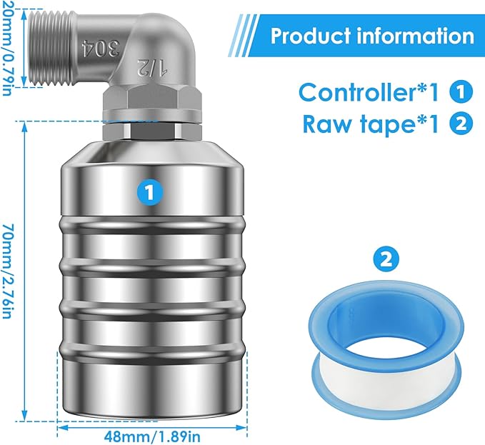 Water Level Control Float Valve 304 Stainless Steel 1/2" Connection Types Fully Automatic Mini Floating Ball Valve Auto Shut Off Water Tank Water Level Controller Valve Side Water Intake
