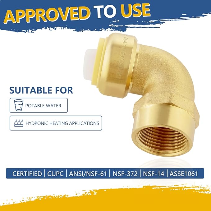 Push-fit Female Elbow,3/4" x 3/4" FNPT Female Threaded Elbow with Disconnect Clip, Push Fittings for Copper, PE-RT, CPVC Pipe(Pack of 10)