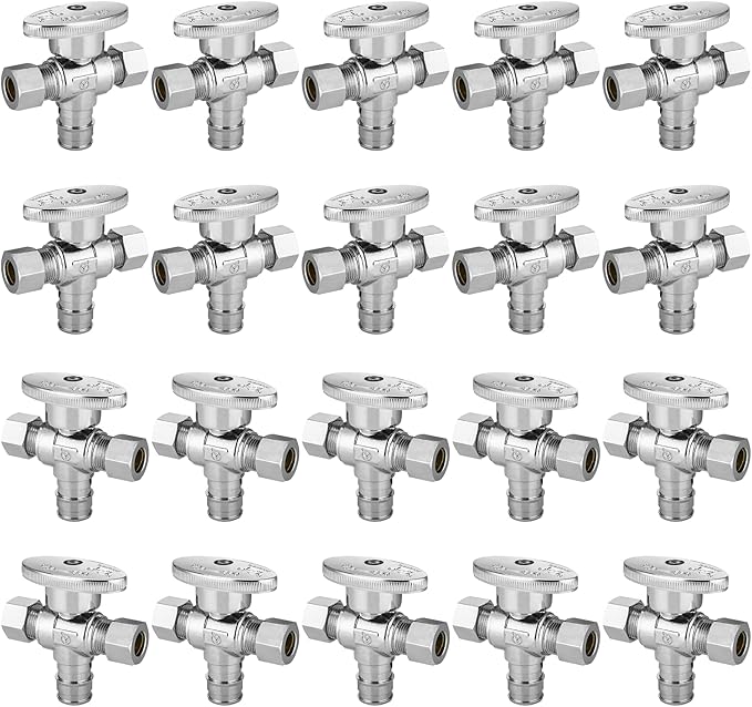 20-PCs HeSun Dual Compression Outlet Angle Stop Valve, 1/2" PEX-A Expansion x 3/8" OD Comp x 3/8" OD Comp, 1/4-Turn Shut Off Valve for Bathroom, ASTM F1960(VALVE128-20)