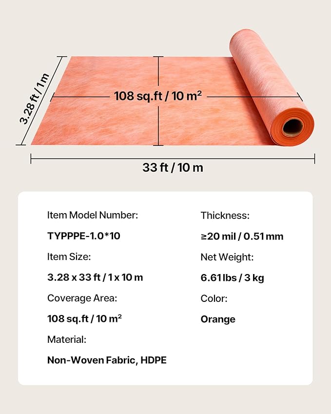 VEVOR Waterproof Membrane for Shower, 3.3 x 33 ft 108 sq.ft Waterproofing Tile Membrane, 20 mil Thickness Polyethylene Fabric Roll, Easy to Cut for Bathroom, Kitchen, Sauna, Walls, Underlayment
