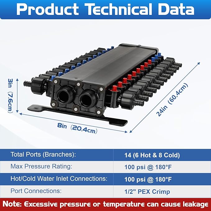 50243 Pex Manifold Compatible with Viega Manabloc, Homerun Distribution Pex Manifold with Valves, 1/2-Inch Zero Lead Poly Alloy PEX Crimp With 24 Ports Adapters(15 Cold, 9 Hot),Suitable for crimping.