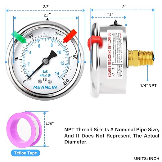 MEANLIN MEASURE 0~200Psi Liquid Filled Pressure Gauge 1/4" NPT 2.5" FACE DIAL Stainless Steel Glycerin Filled WOG Water Oil Air Back Mount (with 2PCS Snaps)