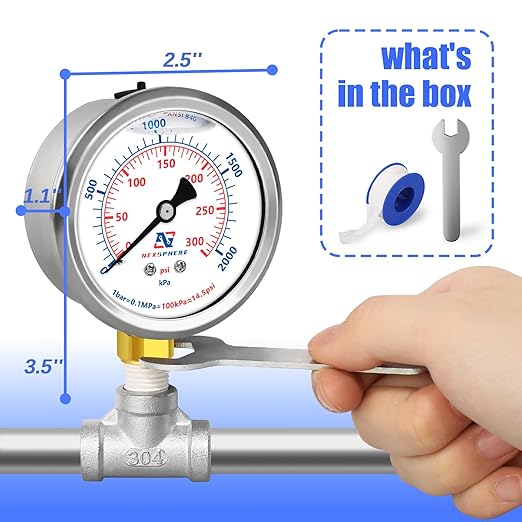 300 PSI Liquid Filled Pressure Gauge, 2.5" Dial, 1/4" NPT Lower Mount, 304 Stainless Steel Case, Glycerin-Filled Manometer for Air Compressor, Oil, Water, HVAC, and Gas Applications