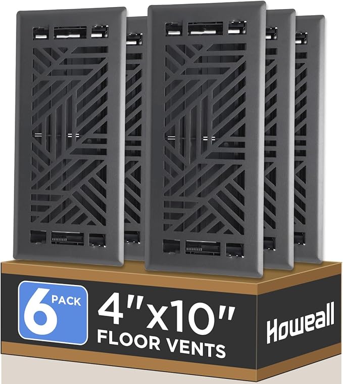 4x10 Inches 6 Pack Heavy Duty Walkable Floor Register Easy Adjust Air Supply Lever Floor Vents - Brooklyn Design - Vent Cover for Home Floor - Matte Black