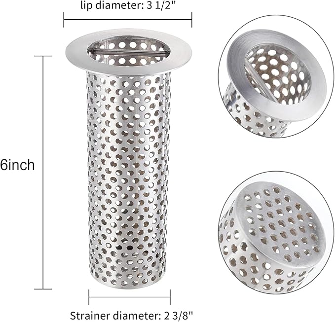 Commercial Floor Drain Strainer, 3 1/2" Lip Diameter x 6" Tall Perforated Cylindrical Mesh 316 Stainless Steel Drain Strainer with Carry Handle for Restaurant/Factory/Kitchen/Laboratory