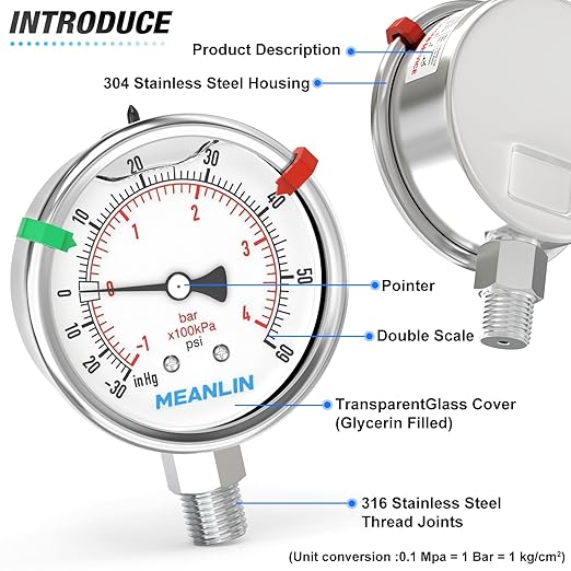MEANLIN MEASURE -30inHG~60Psi Vacuum Pressure Gauge 316 Stainless Steel Joint 1/4" NPT 2.5" FACE DIAL, Stainless Steel Liquid Filled Pressure Gauge WOG Water Oil Air Lower Mount, 2PCS Snaps