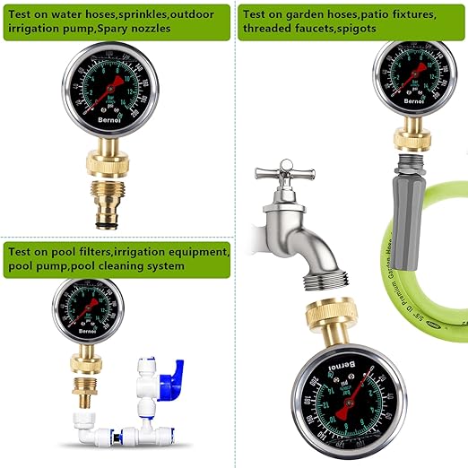 Bernoi Liquid Filled Water Pressure Gauge Kit with 5 Parts, 0-200 Psi, Standard 3/4" Female Garden Hose Thread Water Pessure Gauge for Home