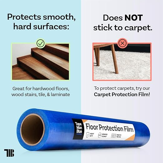 TapeManBlue Floor Protection Film, 48" x 200', Made in USA, Blue Self Adhesive Floor Protector Tape for Moving, Painting and Construction, Temporary Covering to Shield Hardwood, Tile, Hard Surfaces