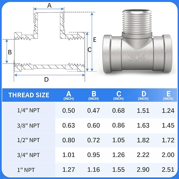 ChillWaves 304 Stainless Steel Pipe Fitting, Male Branch Tee 1" NPT Female x 1" NPT Male x 1" NPT Female Thread Adapter(2-PACK)