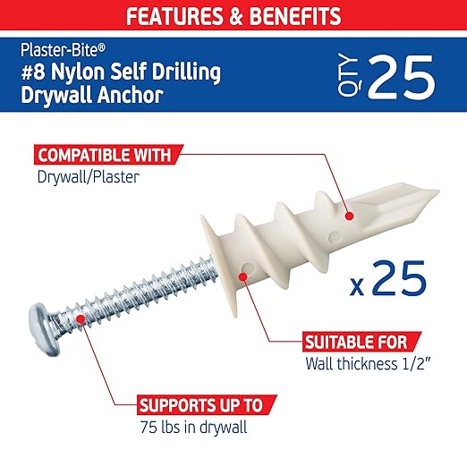 Nylon Self-Drilling Drywall Anchors w/Screws (25 Anchors & 25 Screws) – Premium Nylon 66 Hollow Wall Anchors for 3/8"-5/8" Drywall – Shock-Resistant Hold, Easy Install - 75lb Holding Strength