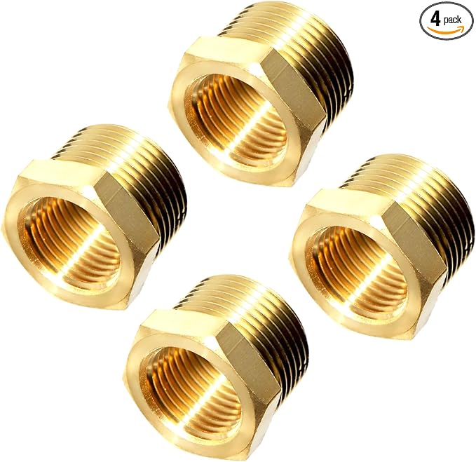 (Pack of 4) Brass Solid Reducer Hex Bushing, Heavy Duty 3/4" NPT Male to 1/2" NPT Female Threaded Pipe Air Hose Fitting Reducer Adapter for Plumbing & Hydraulics Gas Systems