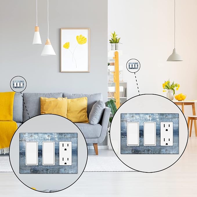 Blue Grey 3-Gang Rocker Light Switch Cover Abstract Art Decorative Wall Plate Cover Modern Electrical Outlet Covers