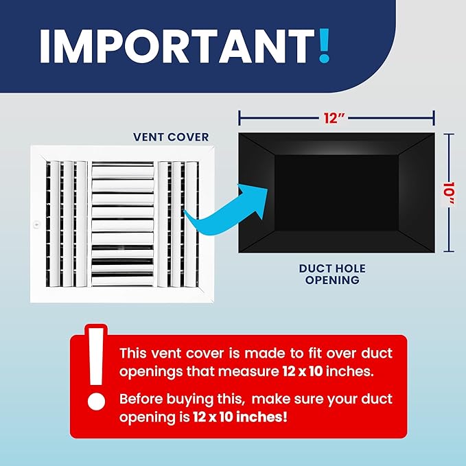 12x10 Inch (Duct Opening) Aluminum 3-Way Air Flow Vent – HVAC Vent Cover for Wall or Ceiling – Quiet HVAC Wall Register with Multi-Shutter Damper – Adjustable Curved Blade - Plastic Seal for Tight Fit