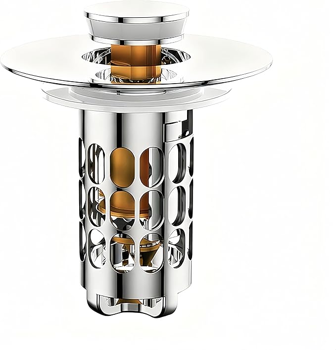 Bounce-Type Bathroom Sink Stopper with Drain Basket - 304 Stainless Steel & Solid Brass, 27-40mm Hole Fit, Odor-Proof Filter & Leak-Proof, Universal for Vanity Sinks/Washbasins