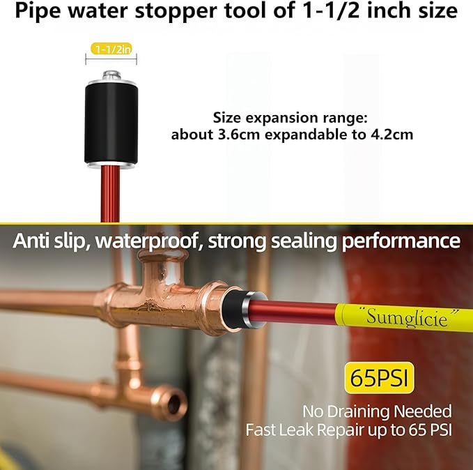 Plumbing Plug Tool, Water Stopper for Pipes 1-1/2" PVC Copper Steel Pipes, expansion range 3.6 to 4.2cm, No Draining Needed Fast Leak Repair up to 65 PSI, with replacement gaskets nuts EPDM Kit