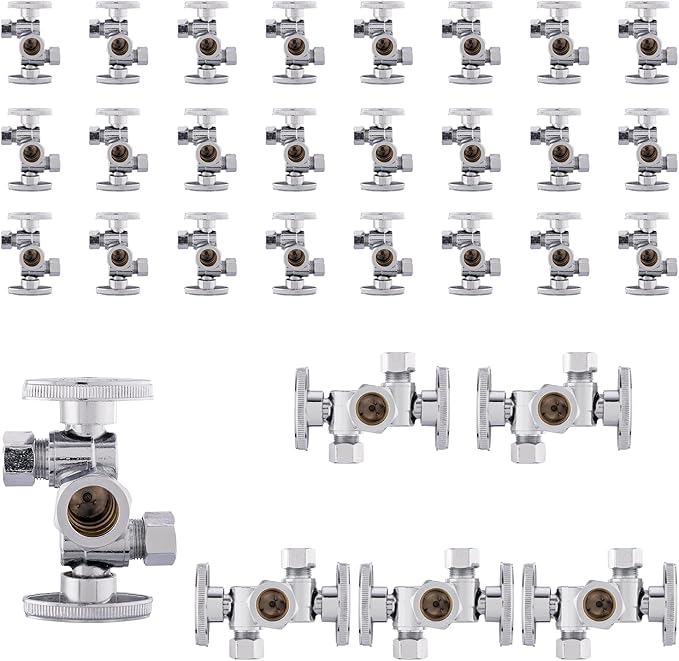 30-Pack Foskan Dual Compression 1/4 Turn Angle Stop Valve with 2 Shut Off Valve/Handles,1/2" NOM (5/8" OD) x 3/8" OD x 3/8" OD,Chrome Plated Brass