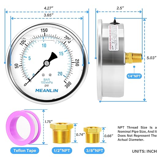 MEANLIN MEASURE 0~300Psi Stainless Steel 1/4" NPT 4" FACE DIAL Liquid Filled Pressure Gauge WOG Water Oil Air Back Mount, with 1/4" x 1/2" NPT and 1/4" x 3/8" NPT Hex Bushing