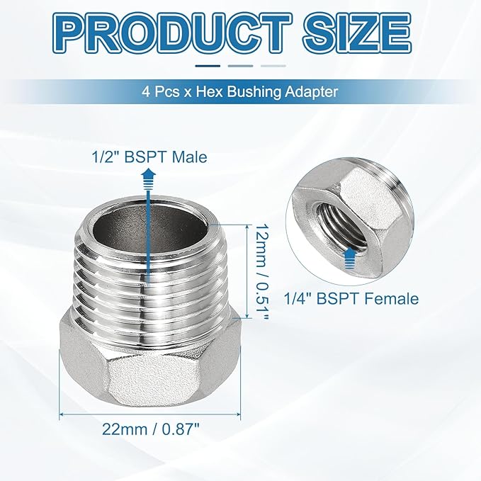 PATIKIL 304 Stainless Steel Reducer Hex Bushing 4 Pcs, 1/2" BSPT Male to 1/4" BSPT Female Pipe Reducing Adapter Fitting Connector for Water Gas Hydraulic Pipes Shower Hose, Silver
