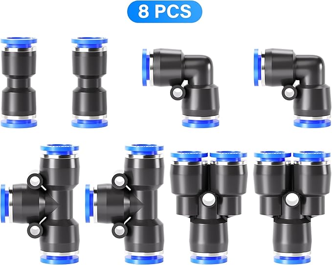 TAILONZ PNEUMATIC 3/8 Inch od Push to Connect Fittings Pneumatic Fittings Kit 2 Spliters+2 Elbows+2 tee+2 Straight (8 pcs)