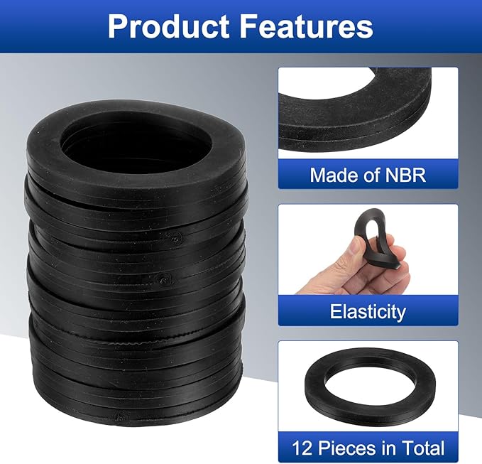 uxcell 12 Pcs Solid Nitrile Rubber Flat Washer DN20 2-19/32" OD x 2" ID x 1/4" Thickness Large Washers O Ring Sealing Gaskets, Industrial Flat Rubber Spacer, Black