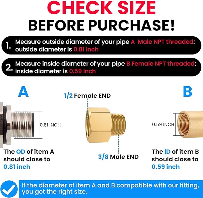 SDTC Tech 2-Pack Brass Pipe Fitting 3/8 NPT Thread Male to 1/2 NPT Thread Female Reducer Adapter, Brass Pipe Extension Connectors