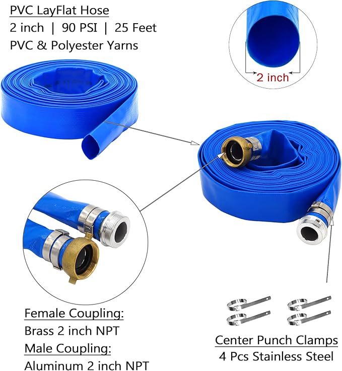 DAVCO 2" ID × 25 ft Pool Backwash Hose, Heavy Duty Reinforced Blue PVC Lay Flat Water Discharge Pump Hoses For Swimming Drain Pools and Clean Filters, With Aluminum Pin Lug Fittings