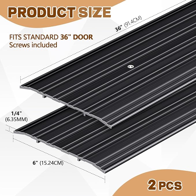 Tandefio 2 Pcs 6 x 1/4 x 36 Inches Door Saddle Threshold for Doorway Interior Sturdy Aluminum Commercial Fluted Saddle Door Threshold Durable and Sleek Doorway Entryway Access Draft Protection, Black