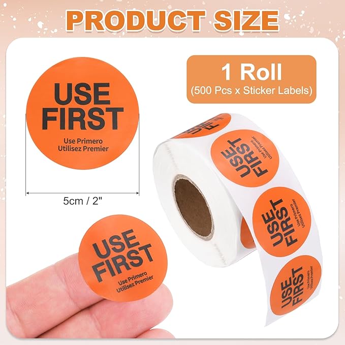 PATIKIL 500 Pcs USE First Stickers, 2 inch Round Use First Stickers Food Service Circle Inventory Control Adhesive Labels for Food Service Kitchen Restaurants Retail Storage Date, Orange