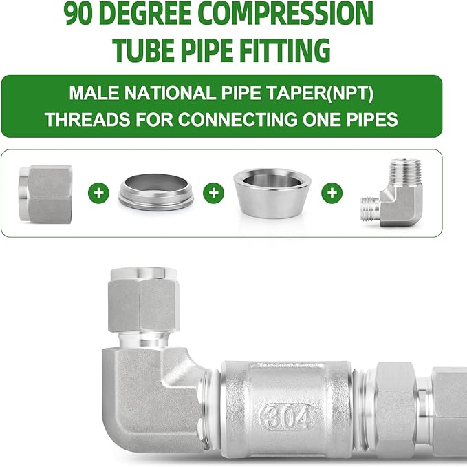 TAISHER 1PCS 304 Stainless Steel 90 Degree Compression Tube Pipe Fitting Connector, 4MM Tube OD x 1/4" NPT Male Adapter