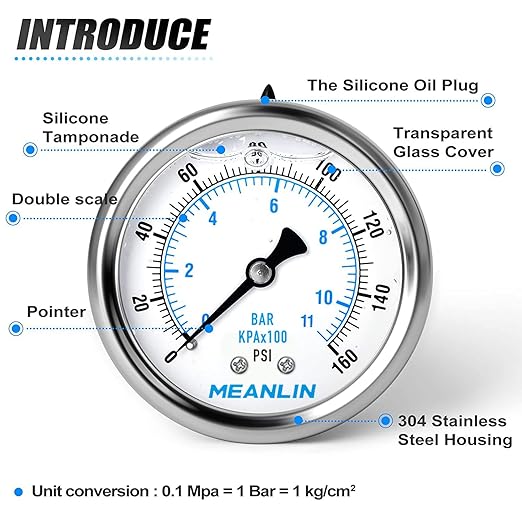 MEANLIN MEASURE 0~160Psi Stainless Steel 1/4" NPT 2.5" FACE DIAL Liquid Filled Pressure Gauge WOG Water Oil Air Center Back Mount, with 1/4" x 1/2" NPT and 1/4" x 3/8" NPT Hex Bushing