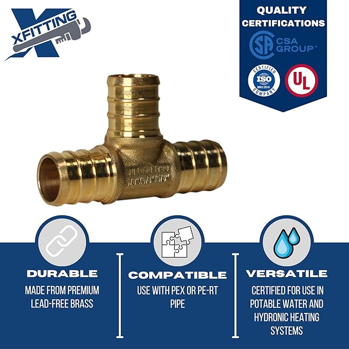 XFITTING 10 Pack 5/8" Pex B Tee, Brass, 400 PSI, ANSI-61/NSF Certified, Underground & Behind Walls Use