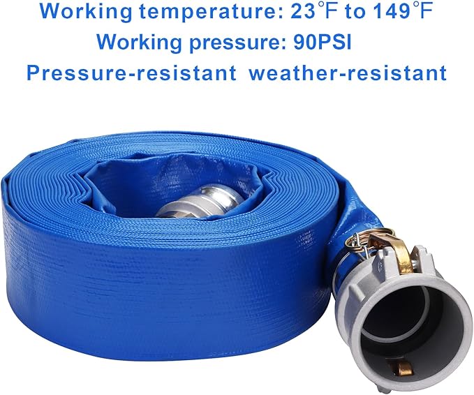 Lay-Flat Pool Backwash Hose - 2" x 50Ft with Aluminum Camlock C & E Fittings Reinforced Heavy Duty PVC Discharge Hose Weather-Proof Vinyl Pool Drain Hose for Water Transfer