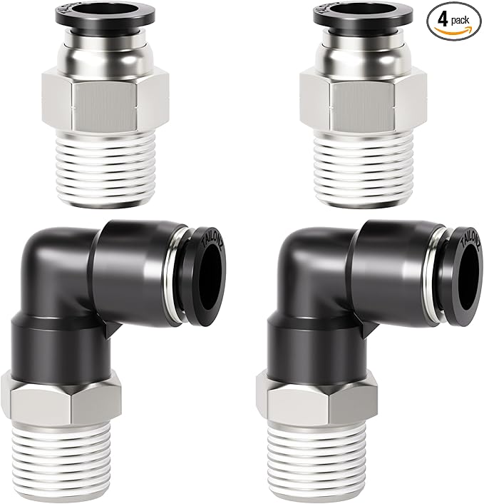 TAILONZ PNEUMATIC Elbow and Straight Combination 1/2 Inch Tube OD x 1/4 Inch NPT Thread Push to Connect Fittings PC-1/2-N2+PL-1/2-N2(Pack of 4)