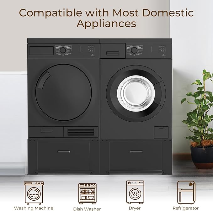 SKM 2-Pack 28" Washer and Dryer Pedestal Stand with Storage Drawer | Heavy-Duty Steel Frame, 700LB Capacity | 14.3 Inch Lift to Reduce Back Strain, Black