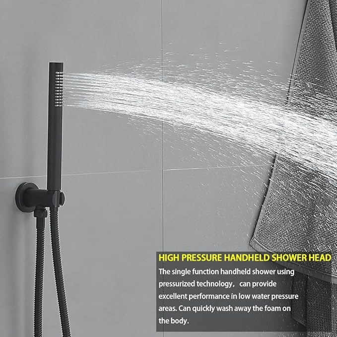 Matte Black Ceiling Mount Round Rain Shower System with 12 Inch Shower Head and Handheld Bathroom Shower Set Contain Shower Faucet Trim Kit (Mixer Valve Included)