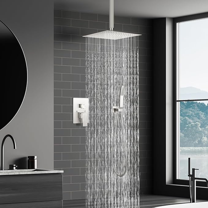 JOMEOO® 12 Inch Brushed Nickel Shower System, Ceiling Mounted High Pressure Rain Shower Head with Handheld Sprayer, Bathroom Luxury Rainfull Shower Head Shower Faucet Set Rough in Valve Body and Trim