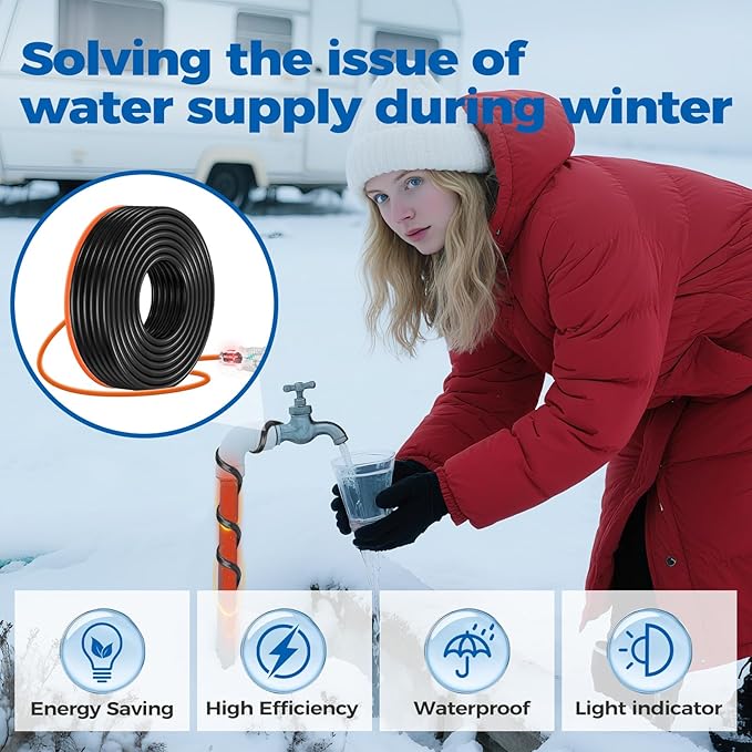 110FT（3FT-200FT） Pipe Heating Cable for Pipe Freeze Protection, Heat Cable for Water Pipes(Metal and Plastic), Pipe Heat Tape Keeps Water Flowing at -40°F 5w/ft, 120V Plumbing fixture