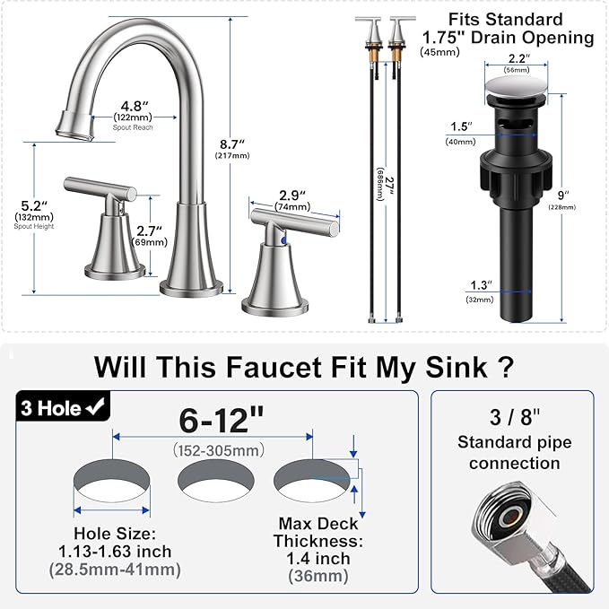 Bathroom Faucets for Sink 3 Hole, Hurran Brushed Nickel Bathroom Sink Faucet with Pop-up Drain and Supply Lines, Stainless Steel Lead-Free Widespread Faucet for Vanity RV Farmhouse Sink