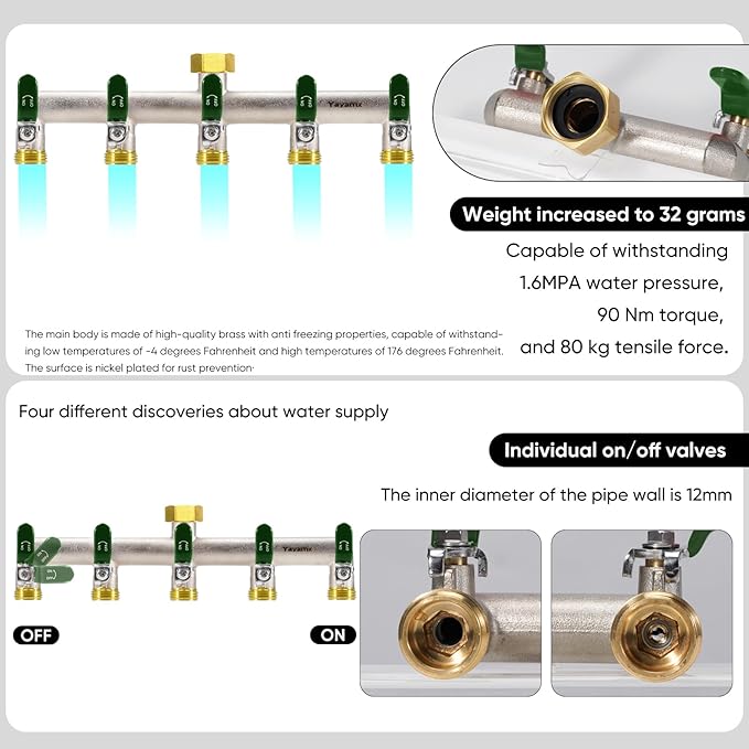 5 Way Garden Hose Splitter, Heavy Duty Brass Nickel Plated Rust Resistant Faucet Manifold, 3/4" Frost Resistant Outdoor Hose Adapter Connector，Hose Spigot Adapter with 5 large Green handles